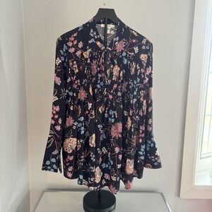 Ella Moon Womens‎ Floral Boho Peasant Blouse XL Tie Neck Bell Sleeve Rayon
